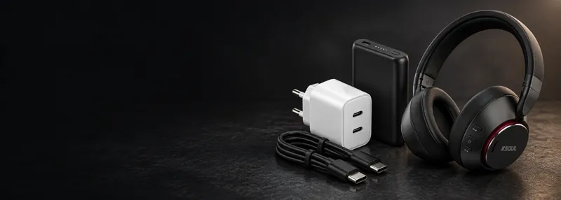 Cargador, cable, batería portátil y auriculares SOUL